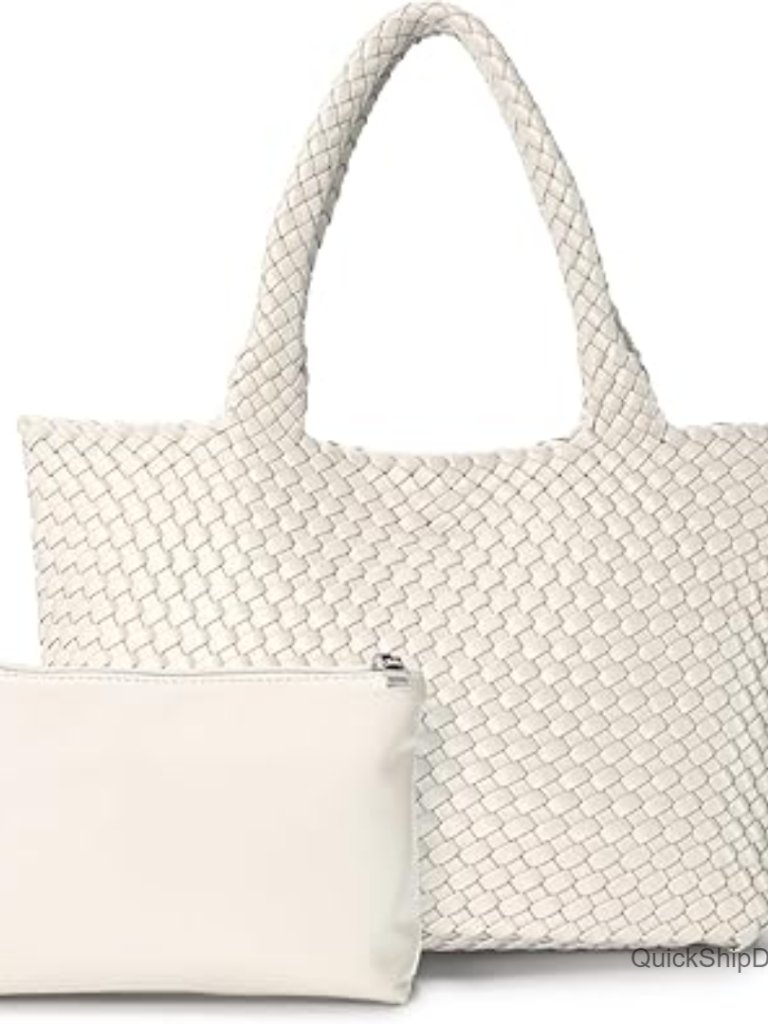 Large Woven Tote Bag With Vegan Leather And Inner Zipper Pouch